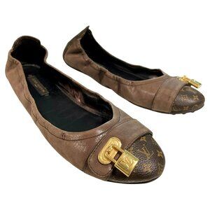 Louis Vuitton Brown Leather & Monogram Canvas Lock Flats Size 8